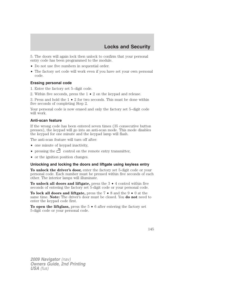 Erasing personal code, Anti-scan feature, Locks and security | Lincoln 2009 Navigator User Manual | Page 569 / 801