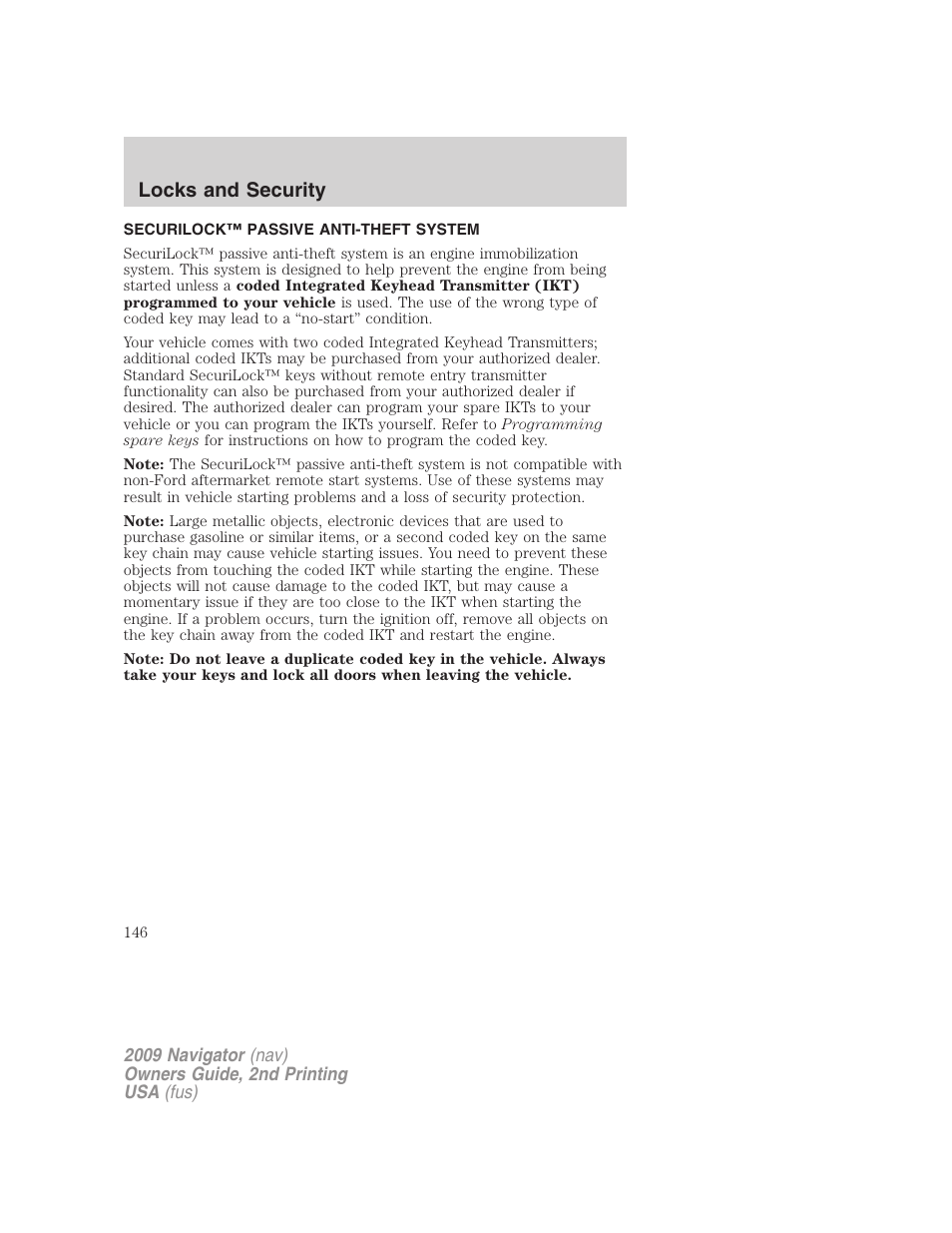 Securilock™ passive anti-theft system, Anti-theft system, Locks and security | Lincoln 2009 Navigator User Manual | Page 570 / 801