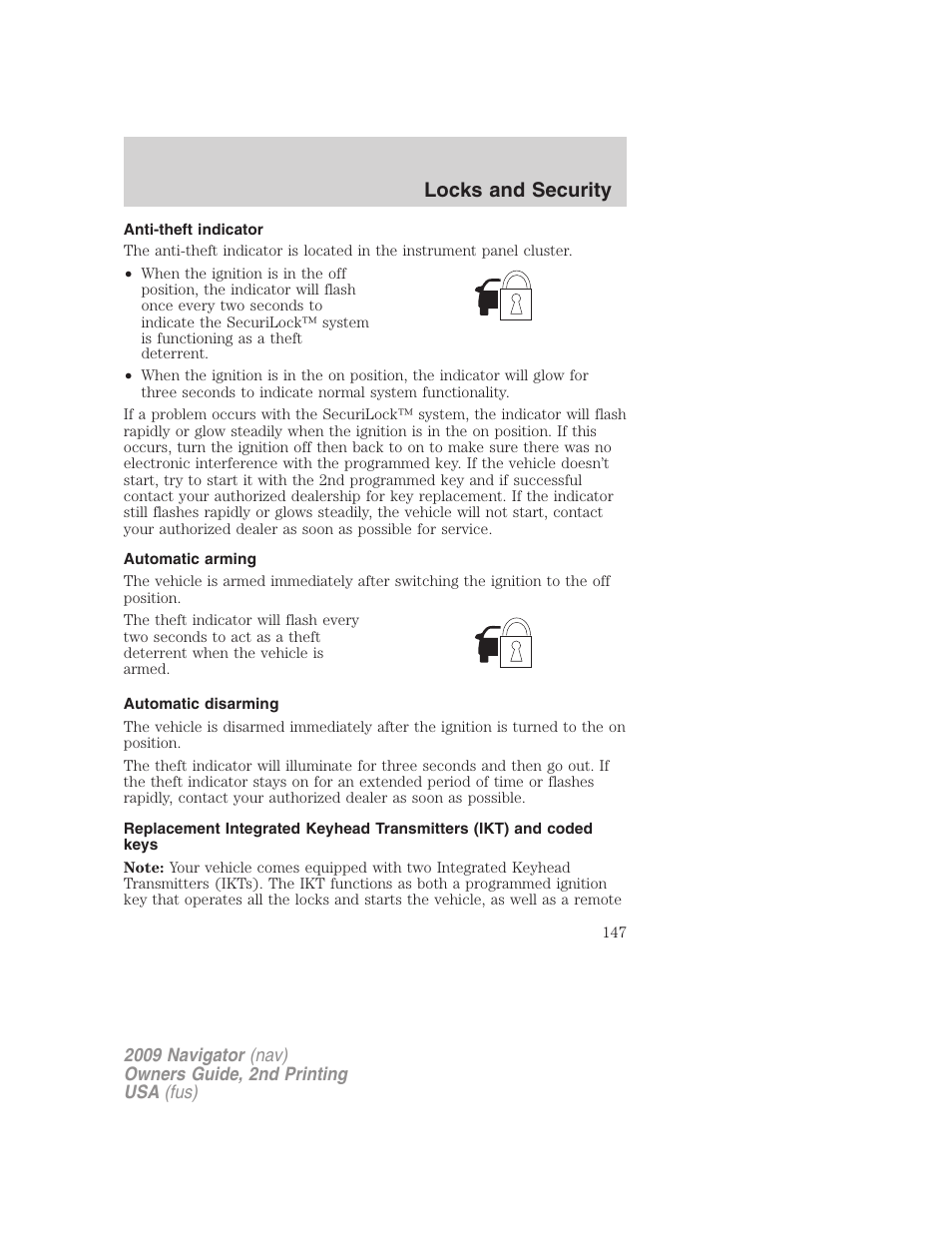 Anti-theft indicator, Automatic arming, Automatic disarming | Locks and security | Lincoln 2009 Navigator User Manual | Page 571 / 801