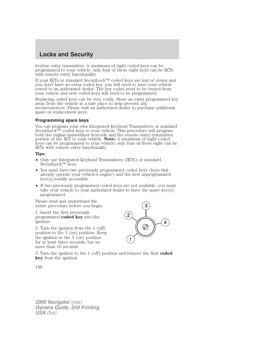 Programming spare keys, Locks and security | Lincoln 2009 Navigator User Manual | Page 572 / 801