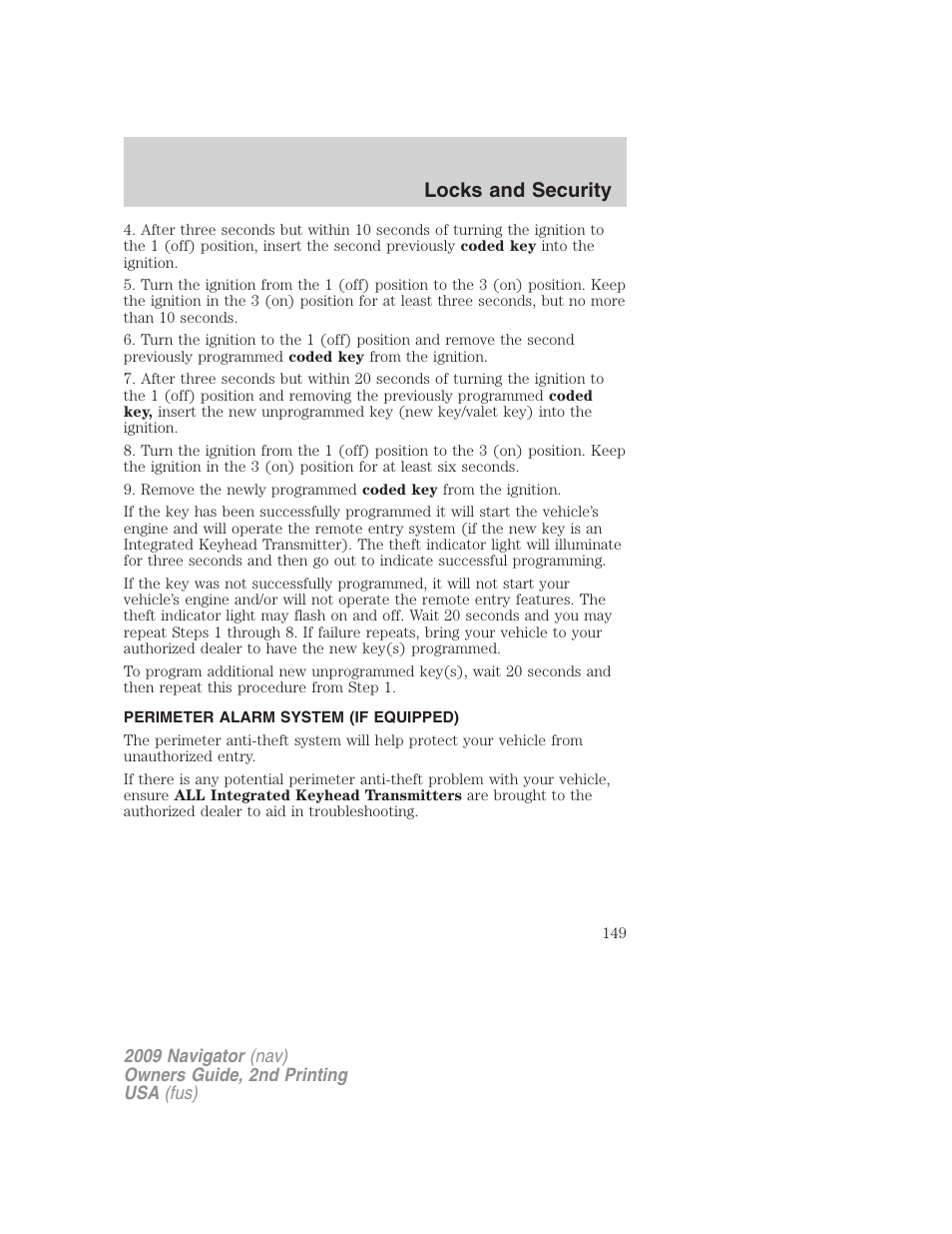 Perimeter alarm system (if equipped), Locks and security | Lincoln 2009 Navigator User Manual | Page 573 / 801