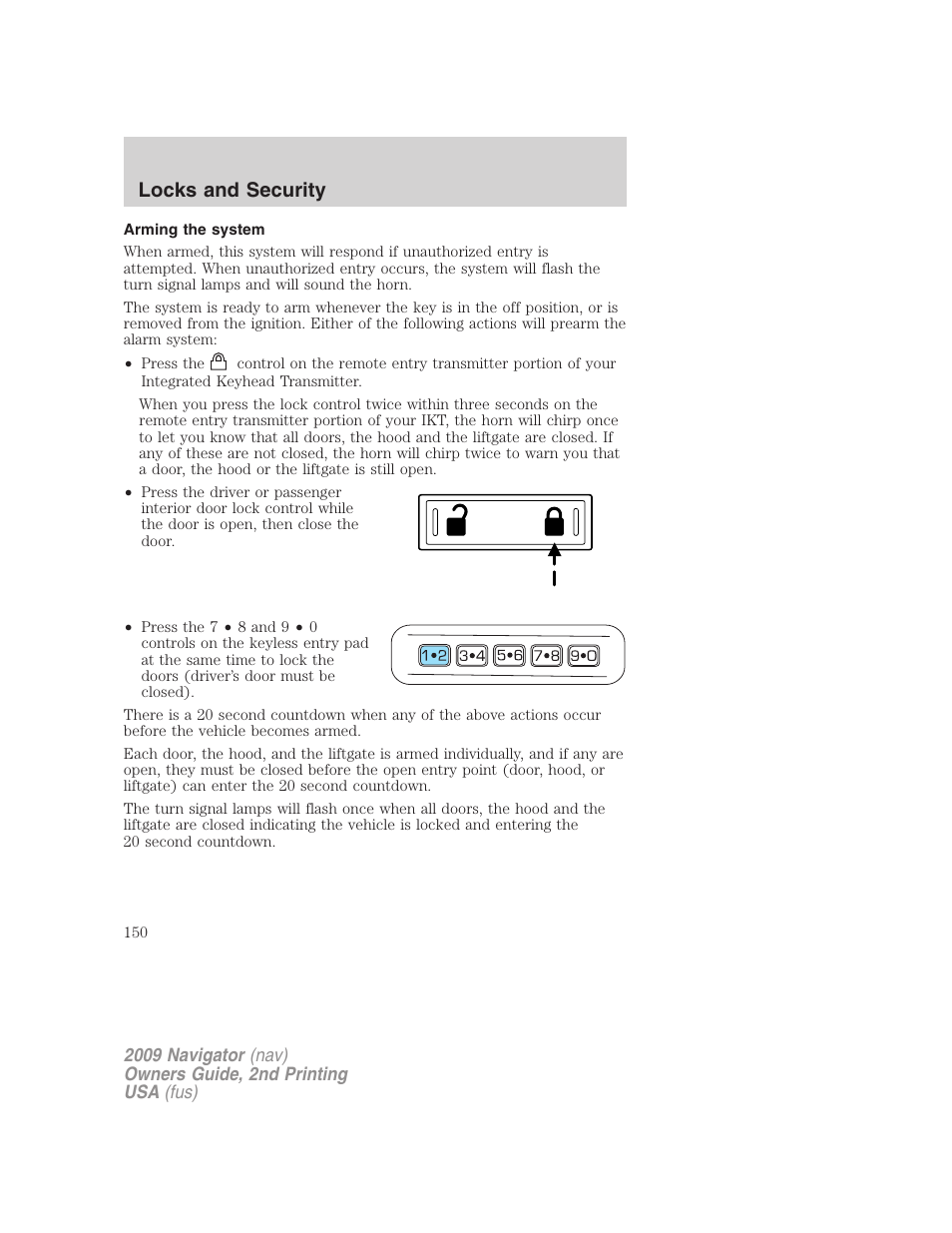 Arming the system, Locks and security | Lincoln 2009 Navigator User Manual | Page 574 / 801