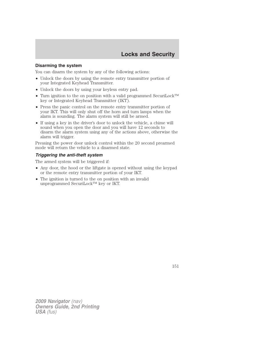 Disarming the system, Triggering the anti-theft system, Locks and security | Lincoln 2009 Navigator User Manual | Page 575 / 801