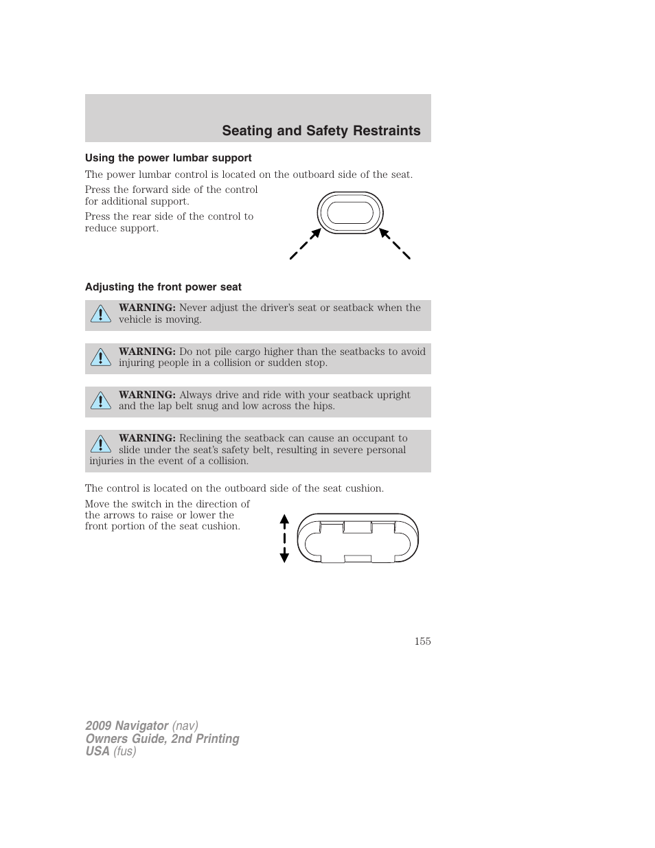 Using the power lumbar support, Adjusting the front power seat, Seating and safety restraints | Lincoln 2009 Navigator User Manual | Page 579 / 801