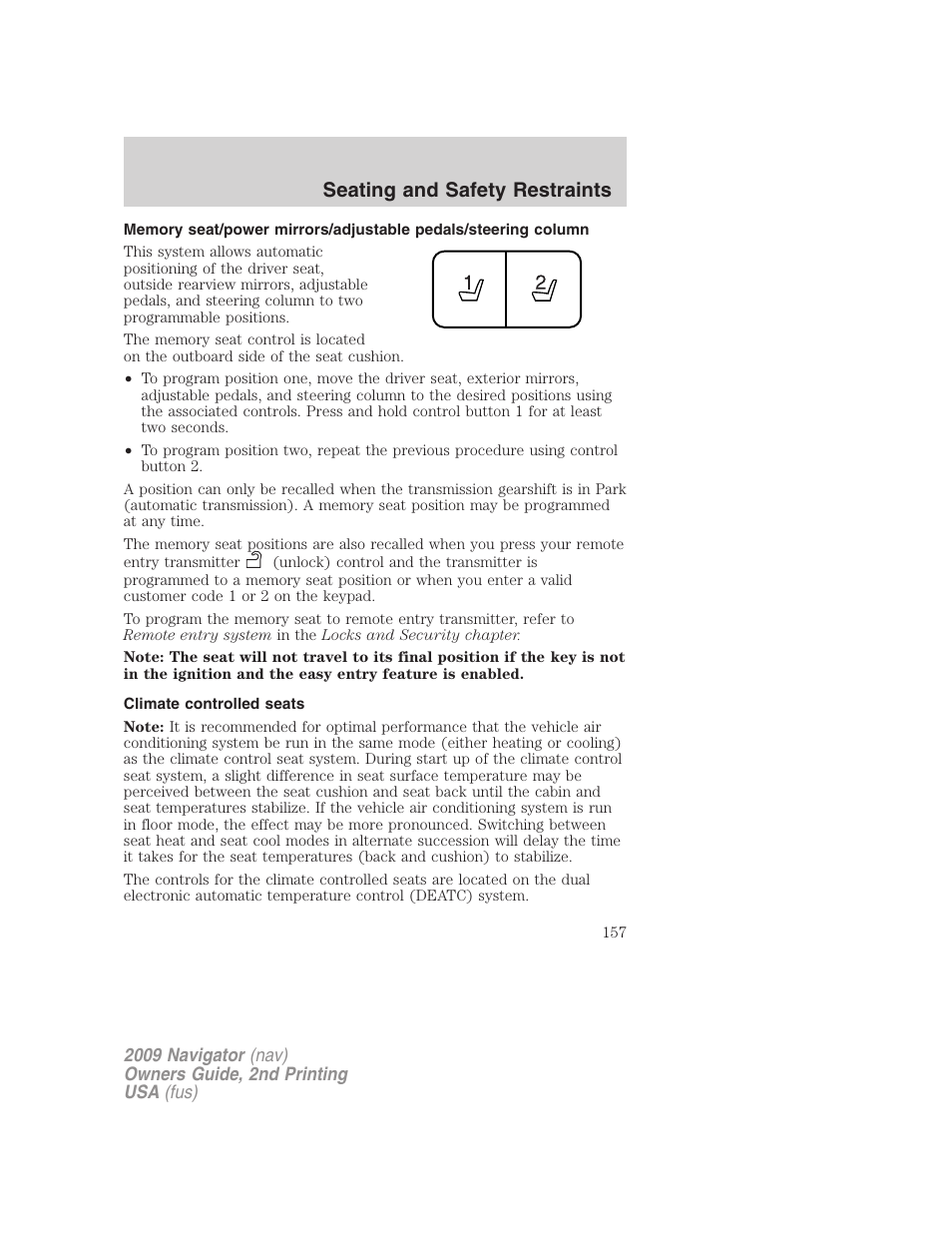 Climate controlled seats, Seating and safety restraints | Lincoln 2009 Navigator User Manual | Page 581 / 801