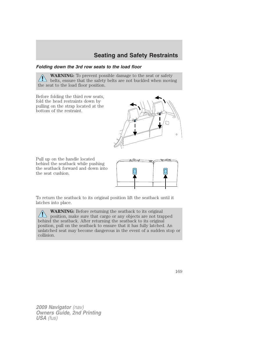 Folding down the 3rd row seats to the load floor, Seating and safety restraints | Lincoln 2009 Navigator User Manual | Page 593 / 801