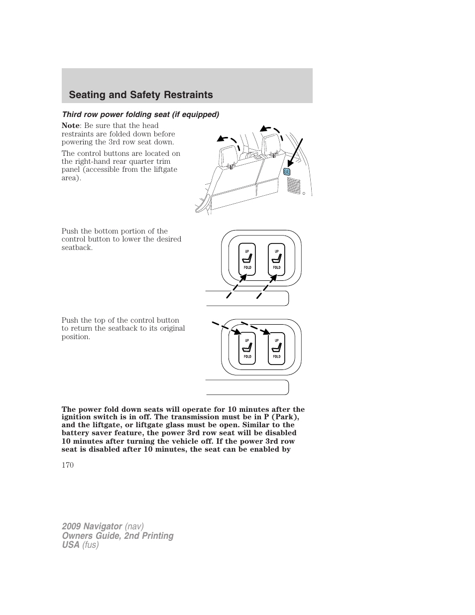 Third row power folding seat (if equipped), Seating and safety restraints | Lincoln 2009 Navigator User Manual | Page 594 / 801