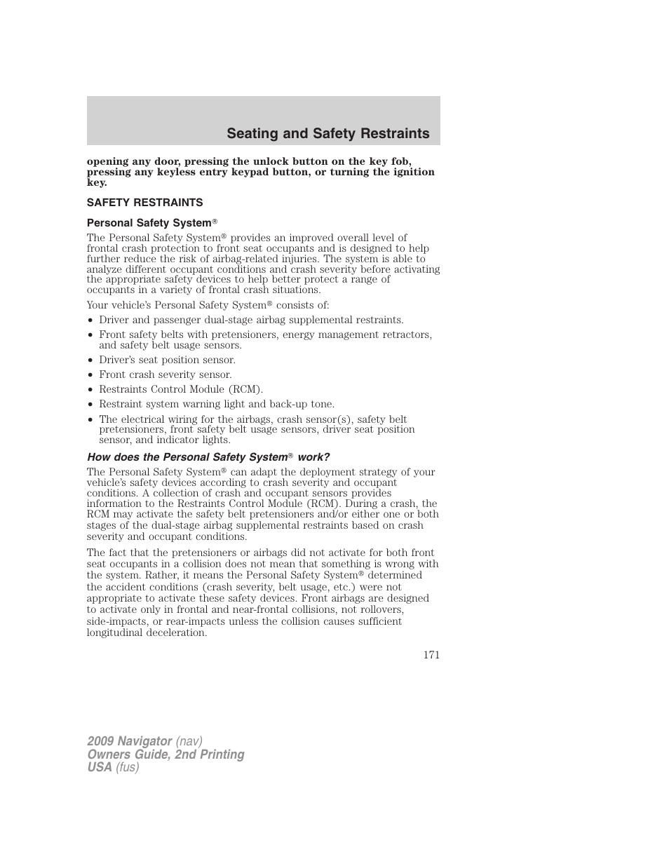 Safety restraints, Personal safety system, How does the personal safety system work | Seating and safety restraints | Lincoln 2009 Navigator User Manual | Page 595 / 801