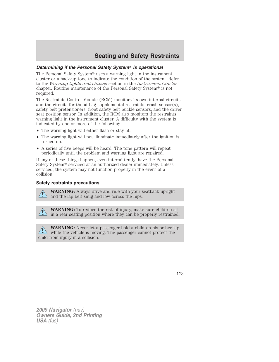 Safety restraints precautions, Seating and safety restraints | Lincoln 2009 Navigator User Manual | Page 597 / 801