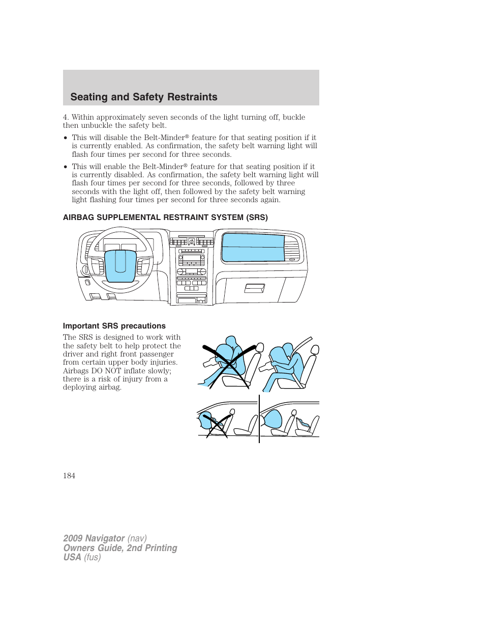 Airbag supplemental restraint system (srs), Important srs precautions, Airbags | Seating and safety restraints | Lincoln 2009 Navigator User Manual | Page 608 / 801