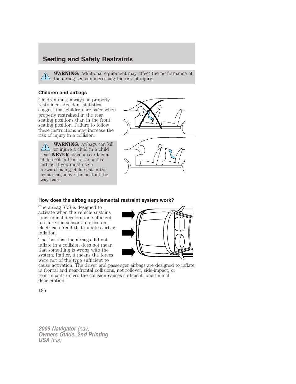 Children and airbags, Seating and safety restraints | Lincoln 2009 Navigator User Manual | Page 610 / 801