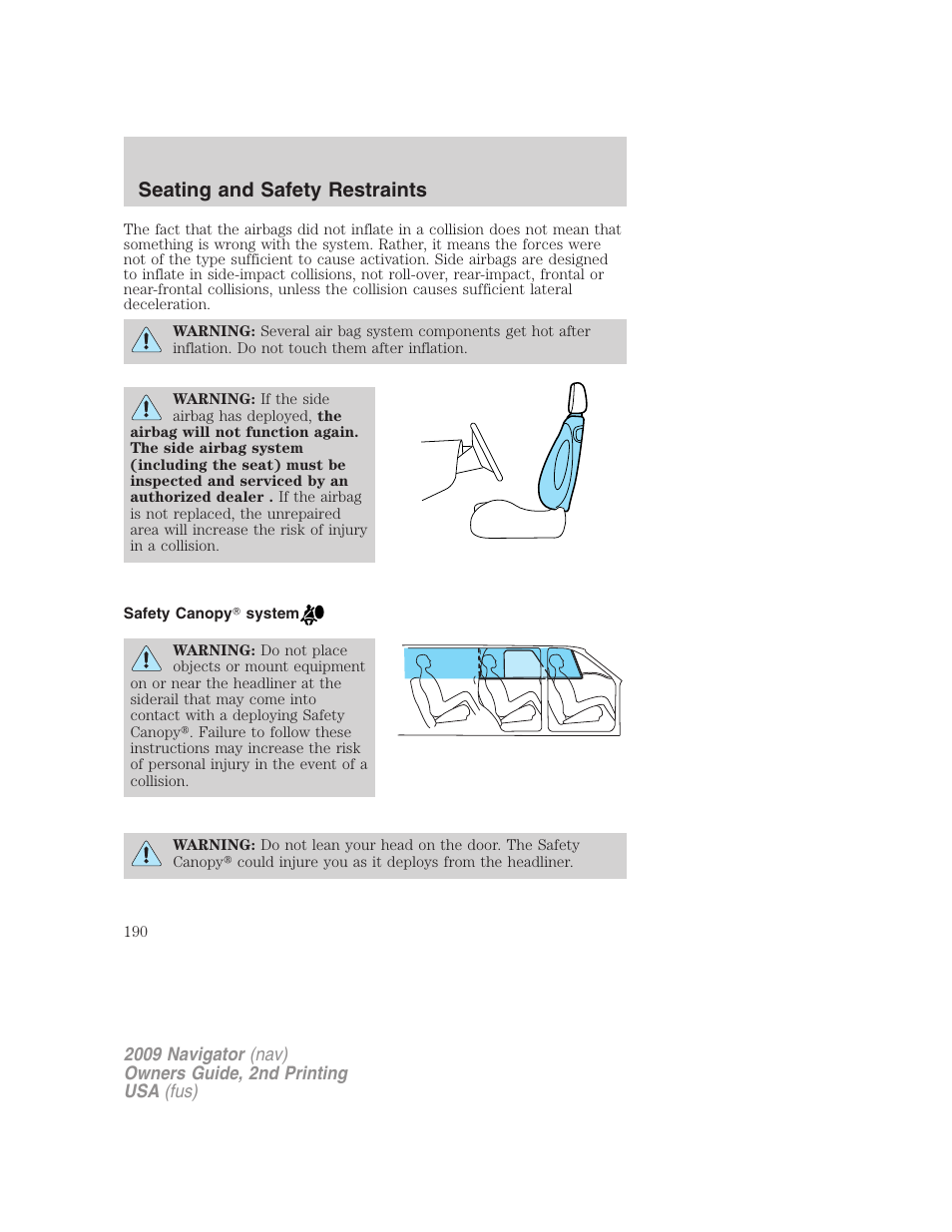 Safety canopy system, Seating and safety restraints | Lincoln 2009 Navigator User Manual | Page 614 / 801