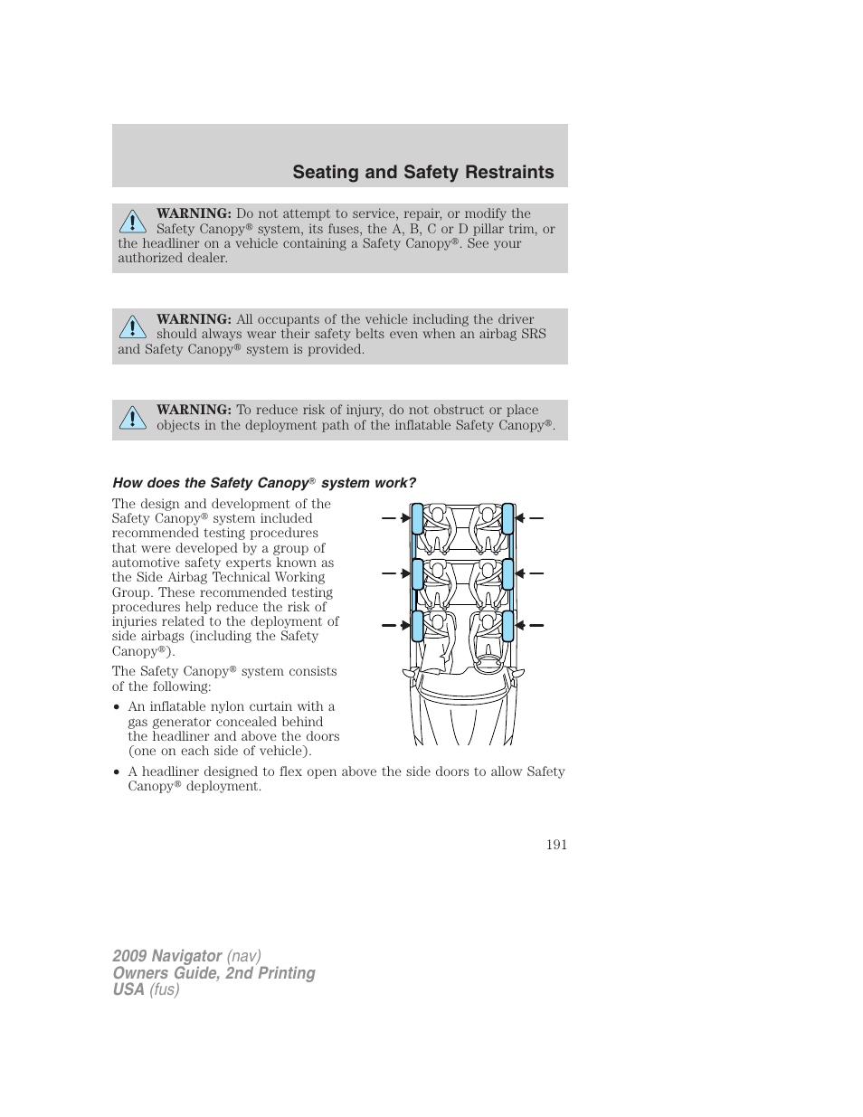 How does the safety canopy system work, Seating and safety restraints | Lincoln 2009 Navigator User Manual | Page 615 / 801