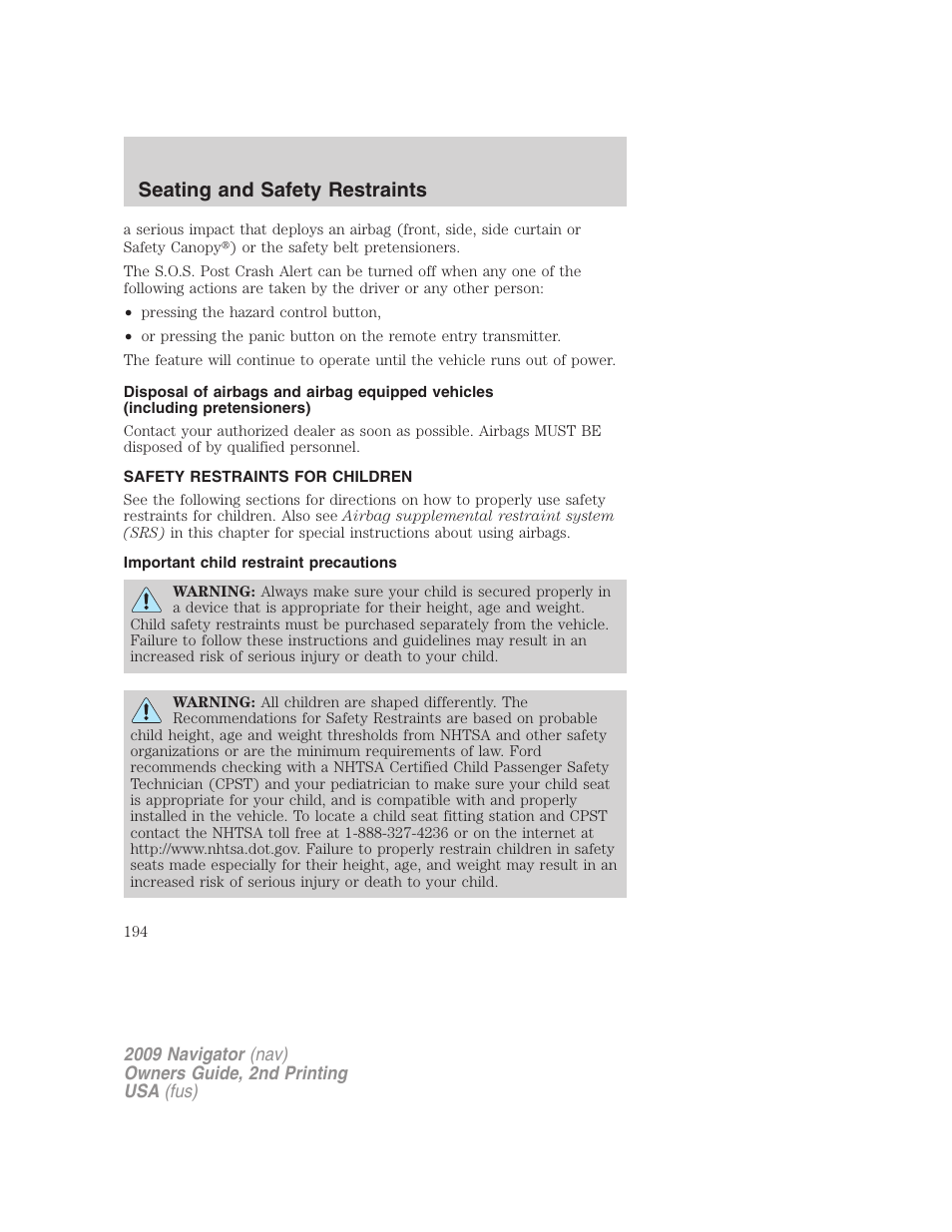 Safety restraints for children, Important child restraint precautions, Child restraints | Seating and safety restraints | Lincoln 2009 Navigator User Manual | Page 618 / 801