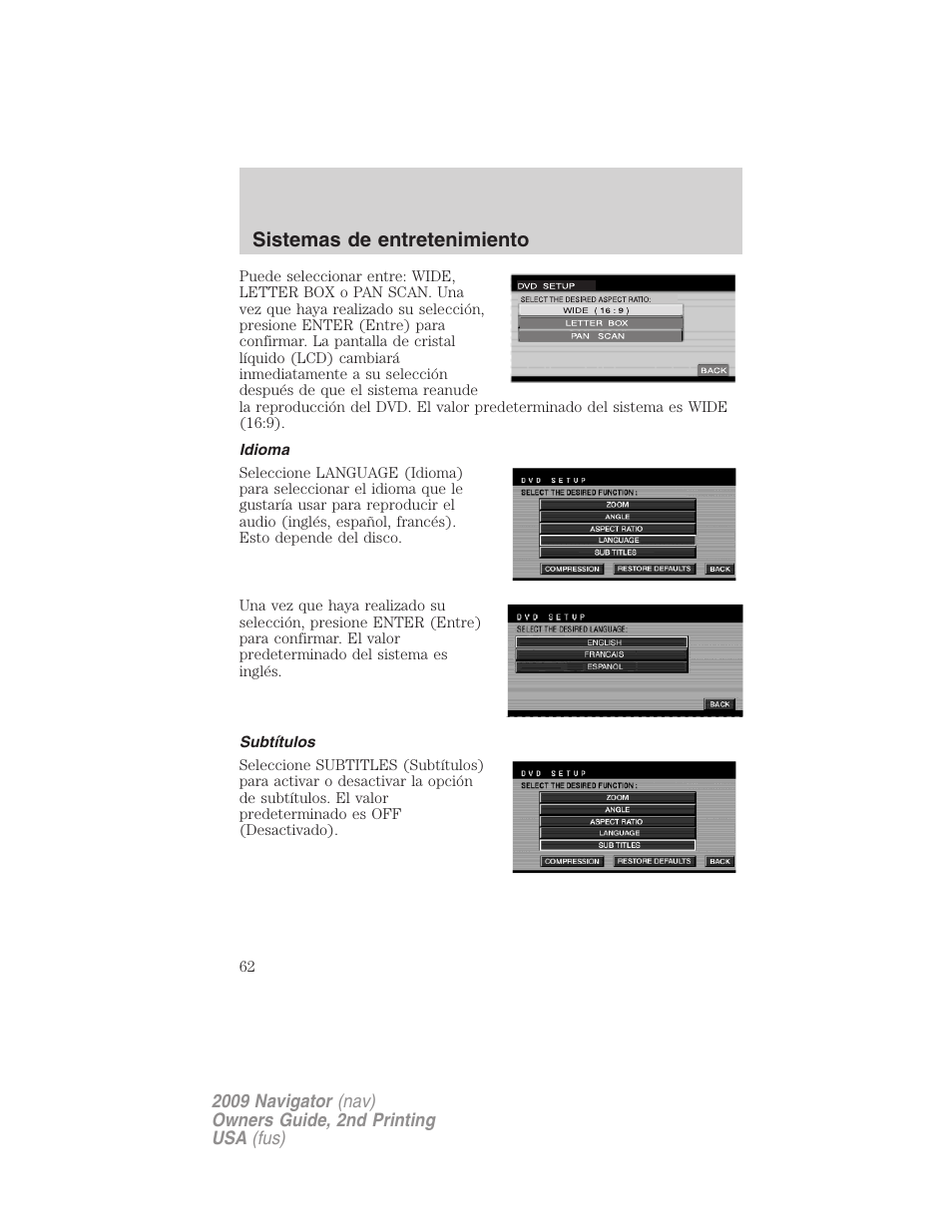 Idioma, Subtítulos, Sistemas de entretenimiento | Lincoln 2009 Navigator User Manual | Page 62 / 801