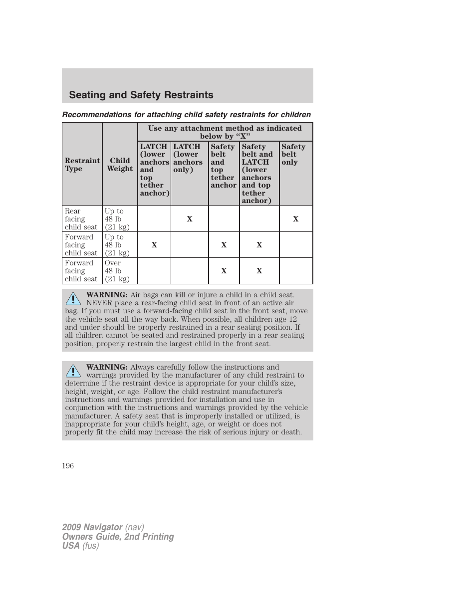 Seating and safety restraints | Lincoln 2009 Navigator User Manual | Page 620 / 801