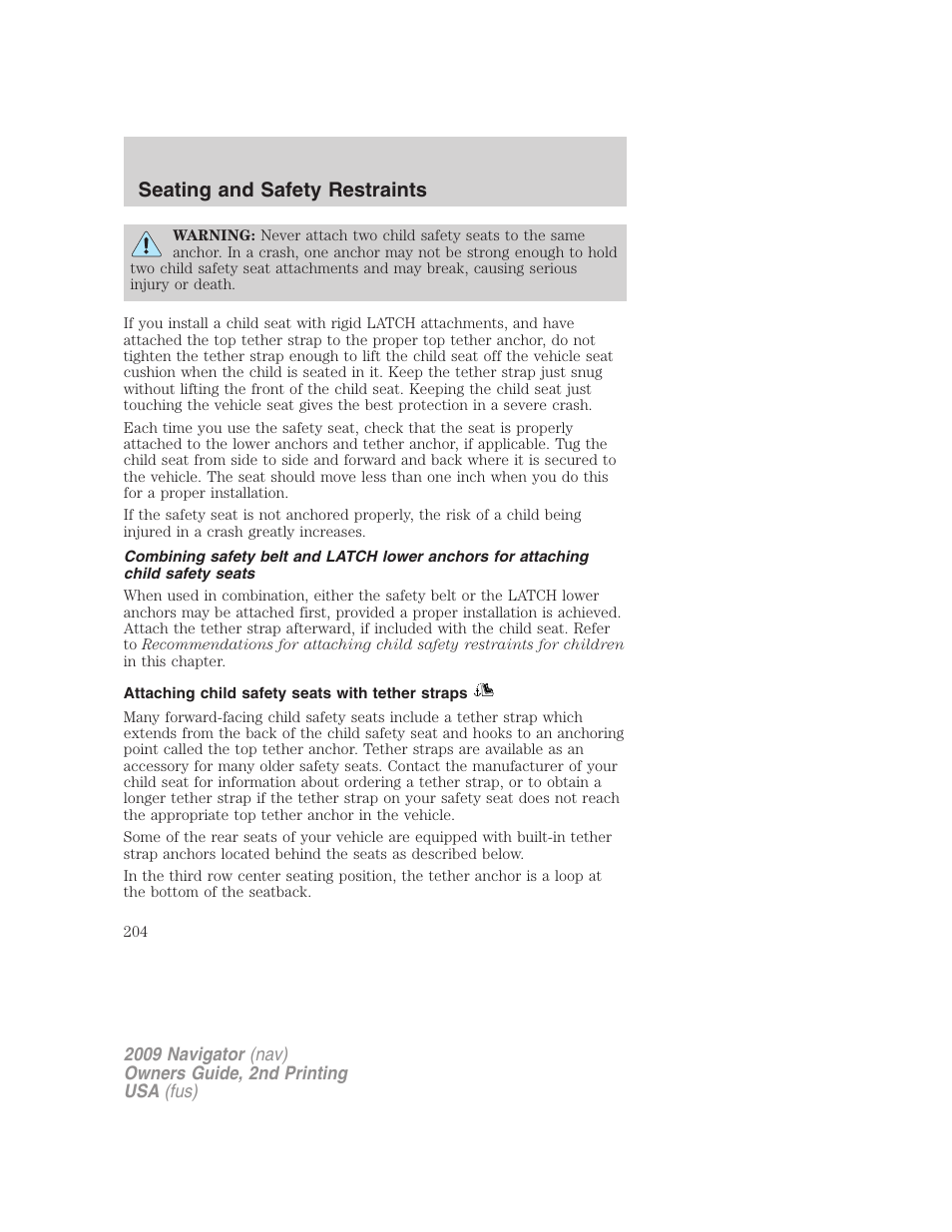 Attaching child safety seats with tether straps, Seating and safety restraints | Lincoln 2009 Navigator User Manual | Page 628 / 801