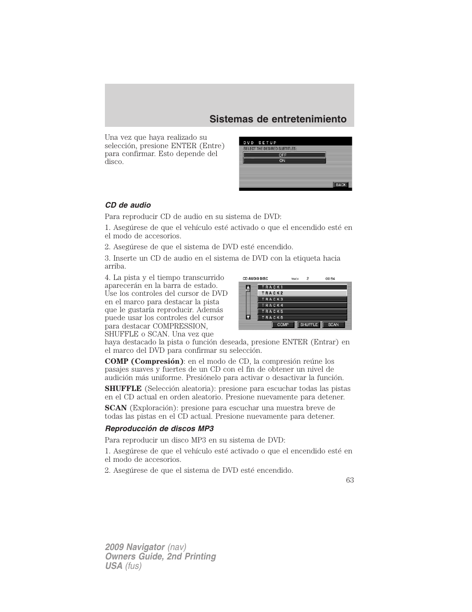 Cd de audio, Reproducción de discos mp3, Sistemas de entretenimiento | Lincoln 2009 Navigator User Manual | Page 63 / 801