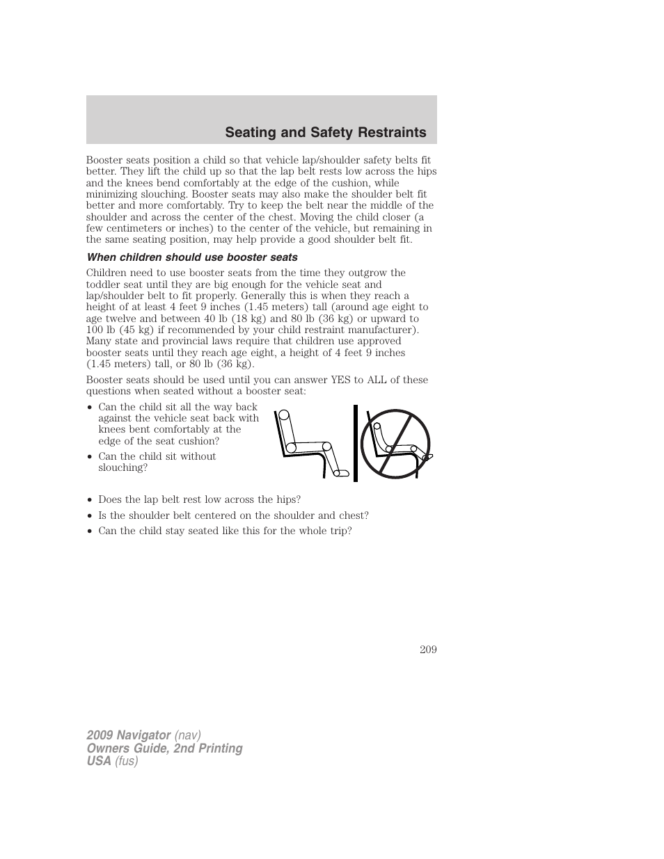 When children should use booster seats, Seating and safety restraints | Lincoln 2009 Navigator User Manual | Page 633 / 801