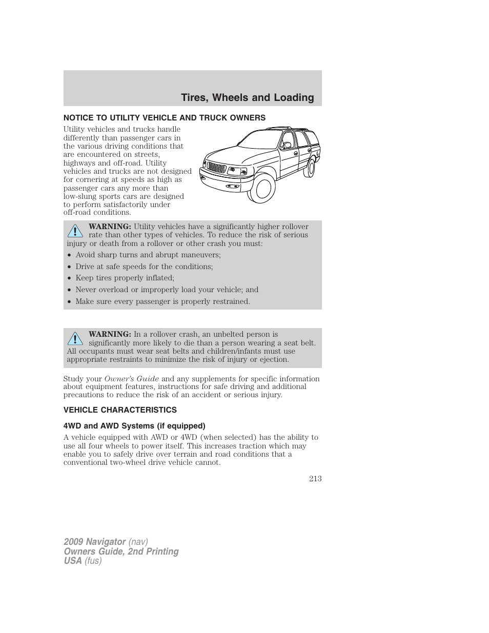 Tires, wheels and loading, Notice to utility vehicle and truck owners, Vehicle characteristics | 4wd and awd systems (if equipped) | Lincoln 2009 Navigator User Manual | Page 637 / 801