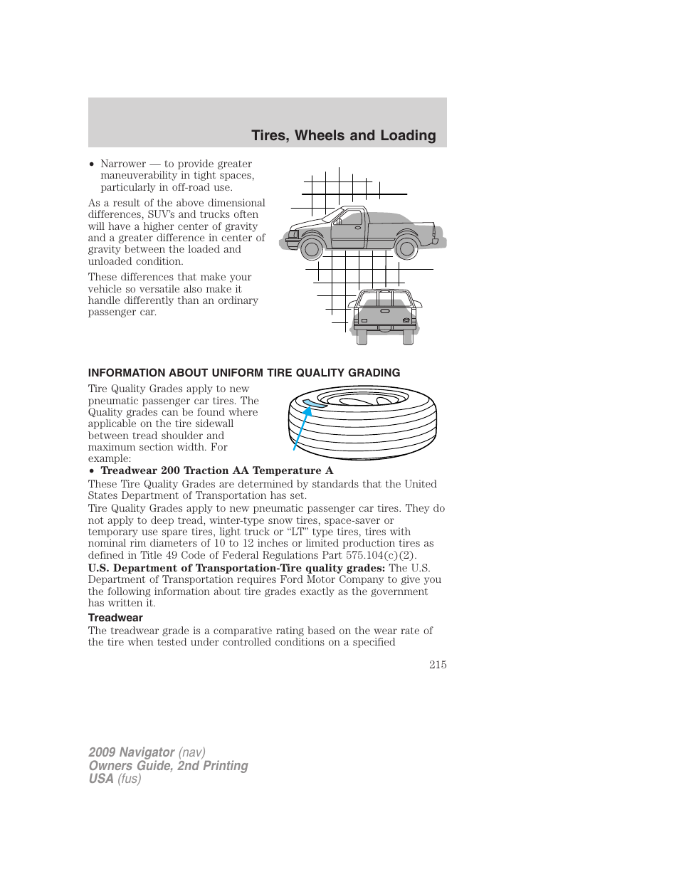 Information about uniform tire quality grading, Treadwear, Tire information | Tires, wheels and loading | Lincoln 2009 Navigator User Manual | Page 639 / 801