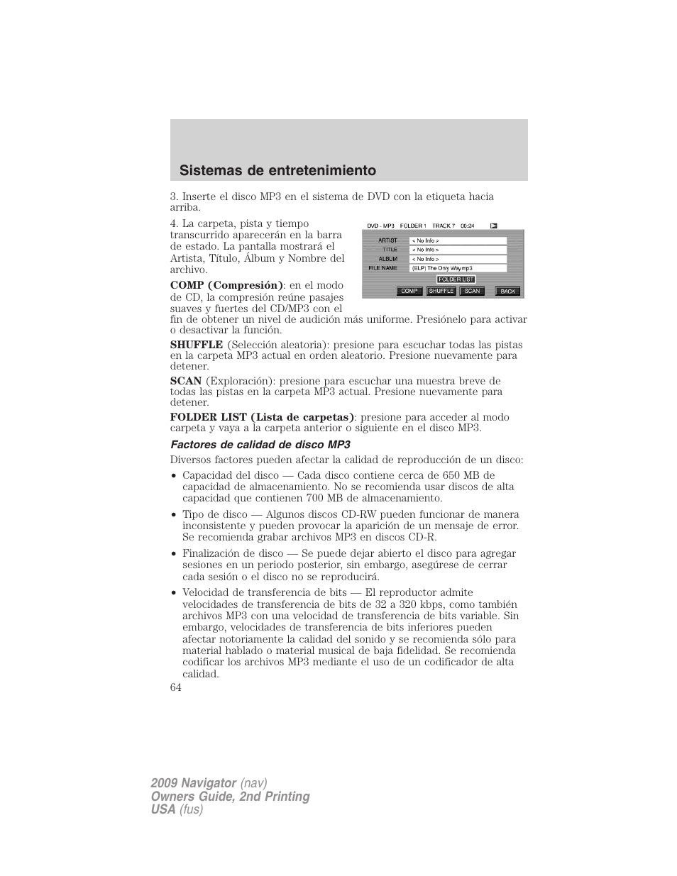 Factores de calidad de disco mp3, Sistemas de entretenimiento | Lincoln 2009 Navigator User Manual | Page 64 / 801