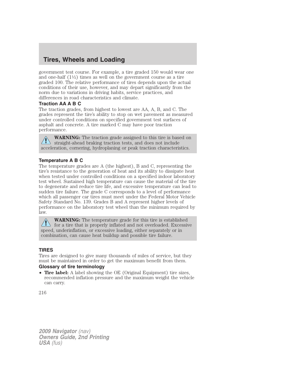 Traction aa a b c, Temperature a b c, Tires | Glossary of tire terminology, Tires, wheels and loading | Lincoln 2009 Navigator User Manual | Page 640 / 801