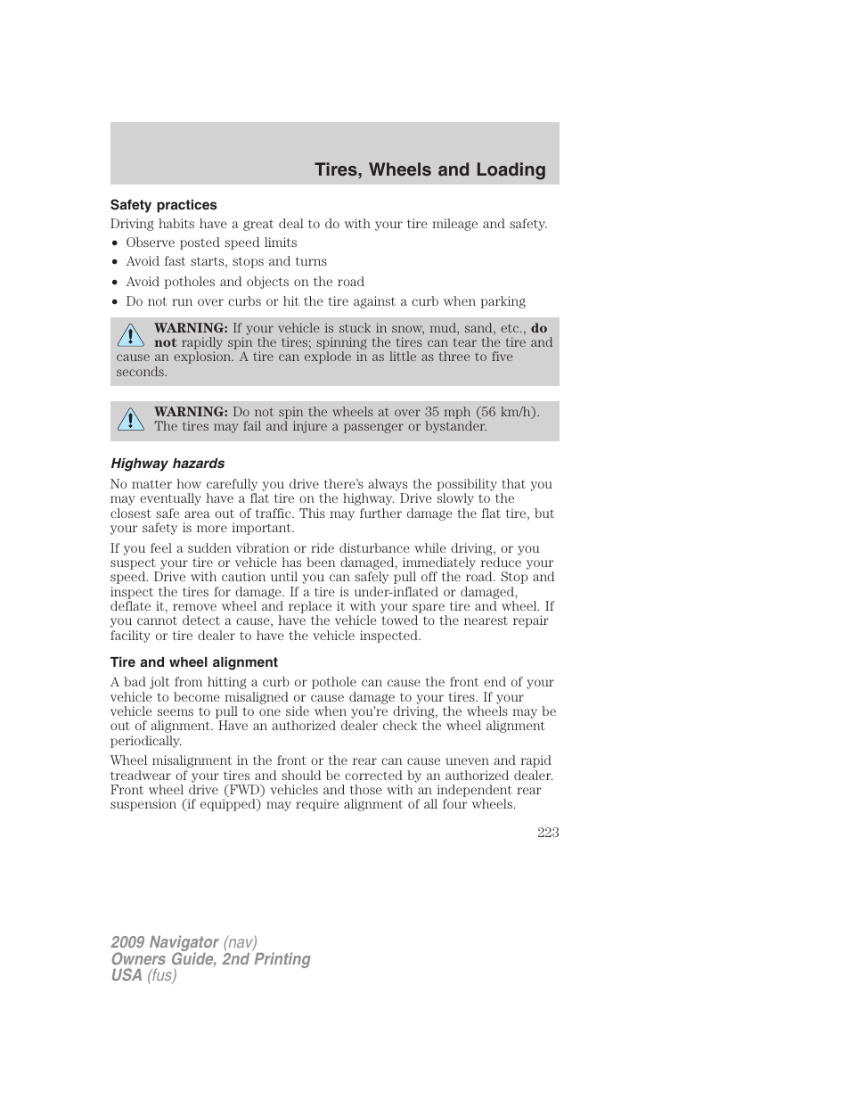 Safety practices, Highway hazards, Tire and wheel alignment | Tires, wheels and loading | Lincoln 2009 Navigator User Manual | Page 647 / 801