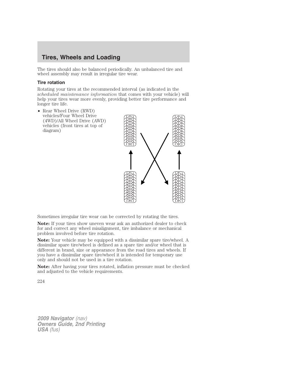 Tire rotation, Tires, wheels and loading | Lincoln 2009 Navigator User Manual | Page 648 / 801