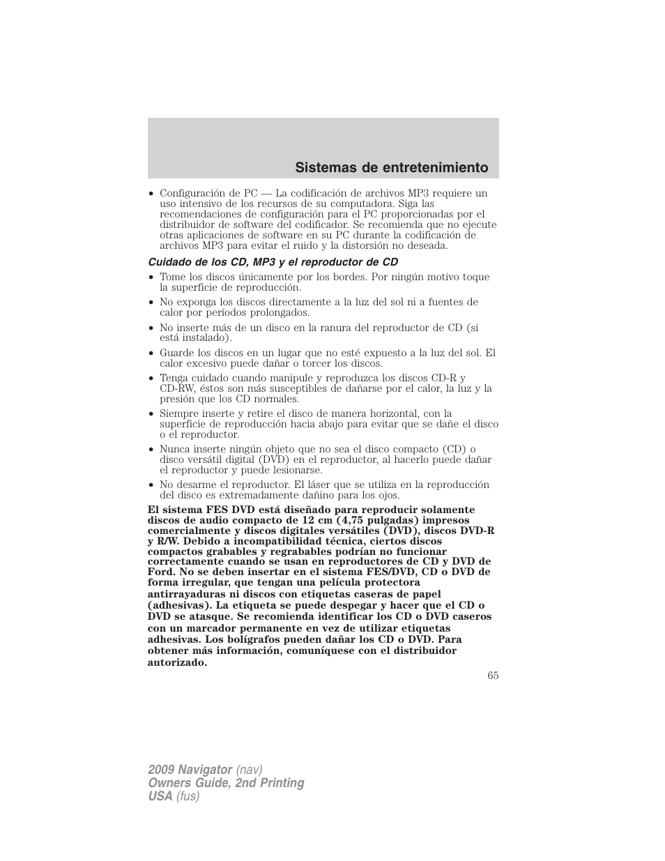 Cuidado de los cd, mp3 y el reproductor de cd, Sistemas de entretenimiento | Lincoln 2009 Navigator User Manual | Page 65 / 801