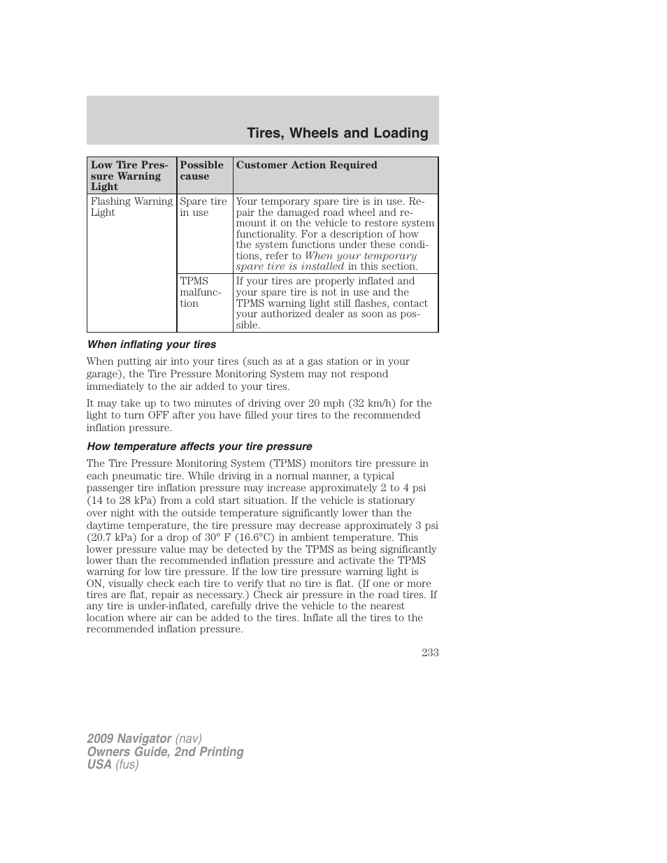 When inflating your tires, How temperature affects your tire pressure, Tires, wheels and loading | Lincoln 2009 Navigator User Manual | Page 657 / 801