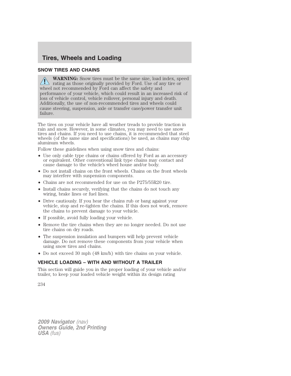 Snow tires and chains, Vehicle loading – with and without a trailer, Vehicle loading | Tires, wheels and loading | Lincoln 2009 Navigator User Manual | Page 658 / 801