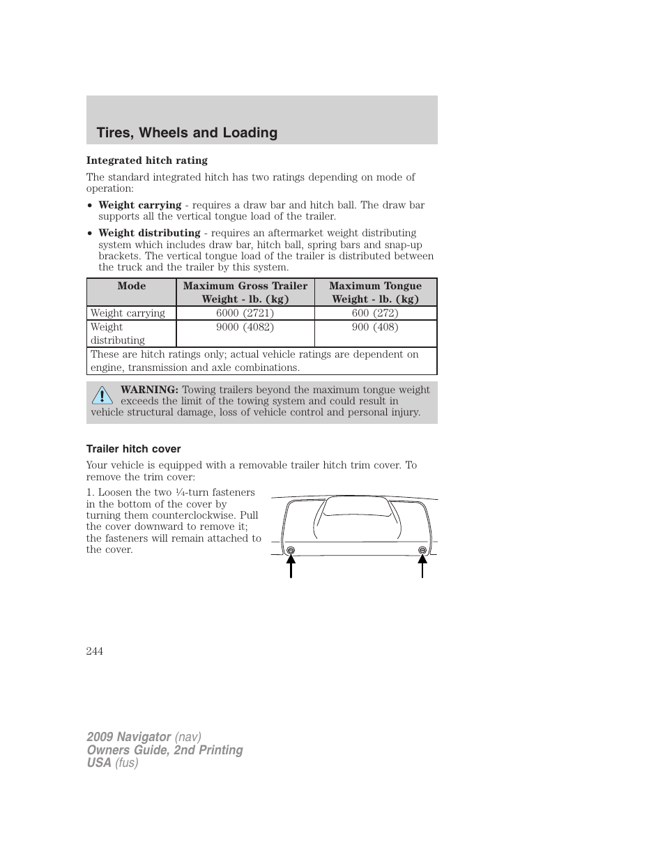 Trailer hitch cover, Tires, wheels and loading | Lincoln 2009 Navigator User Manual | Page 668 / 801