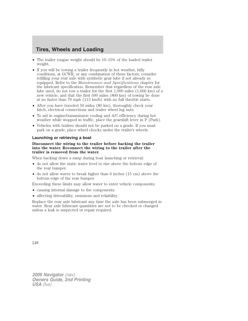 Launching or retrieving a boat, Tires, wheels and loading | Lincoln 2009 Navigator User Manual | Page 672 / 801