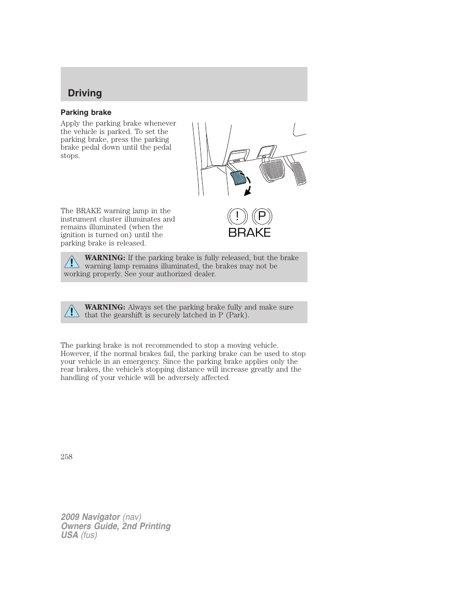 Parking brake, P! brake | Lincoln 2009 Navigator User Manual | Page 682 / 801