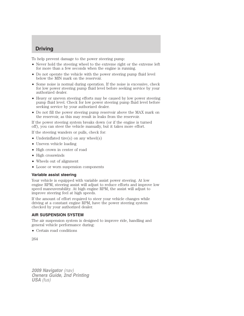 Variable assist steering, Air suspension system, Air suspension | Driving | Lincoln 2009 Navigator User Manual | Page 688 / 801