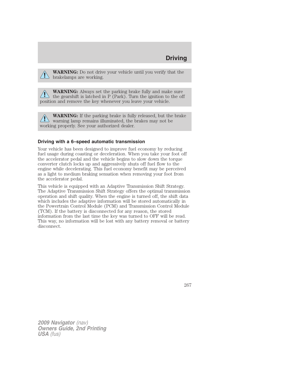 Driving with a 6–speed automatic transmission, Driving | Lincoln 2009 Navigator User Manual | Page 691 / 801