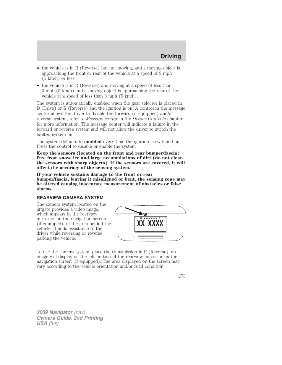 Rearview camera system, Reverse camera, Driving | Lincoln 2009 Navigator User Manual | Page 697 / 801