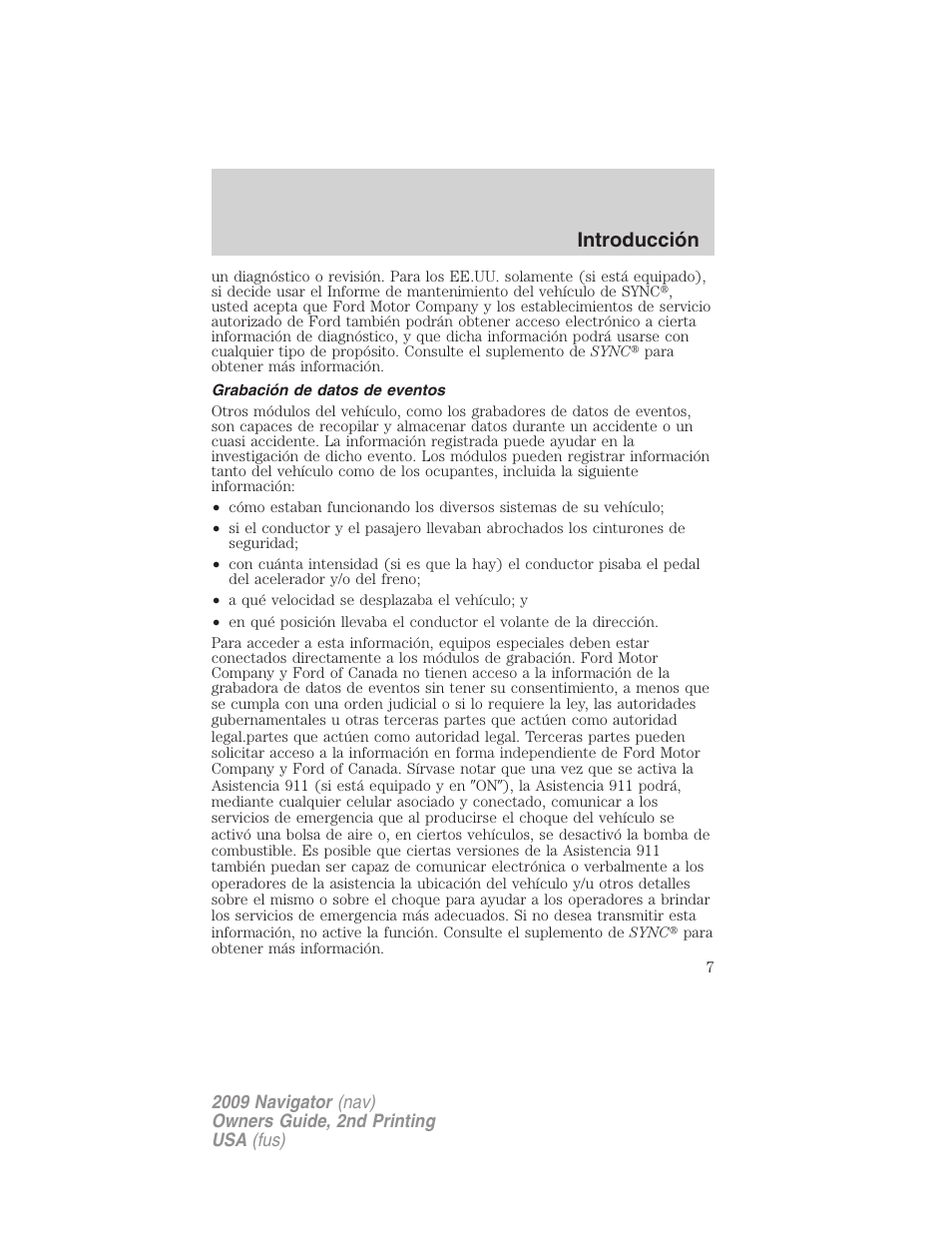 Grabación de datos de eventos, Introducción | Lincoln 2009 Navigator User Manual | Page 7 / 801