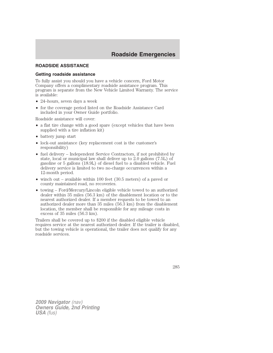 Roadside emergencies, Roadside assistance, Getting roadside assistance | Lincoln 2009 Navigator User Manual | Page 709 / 801