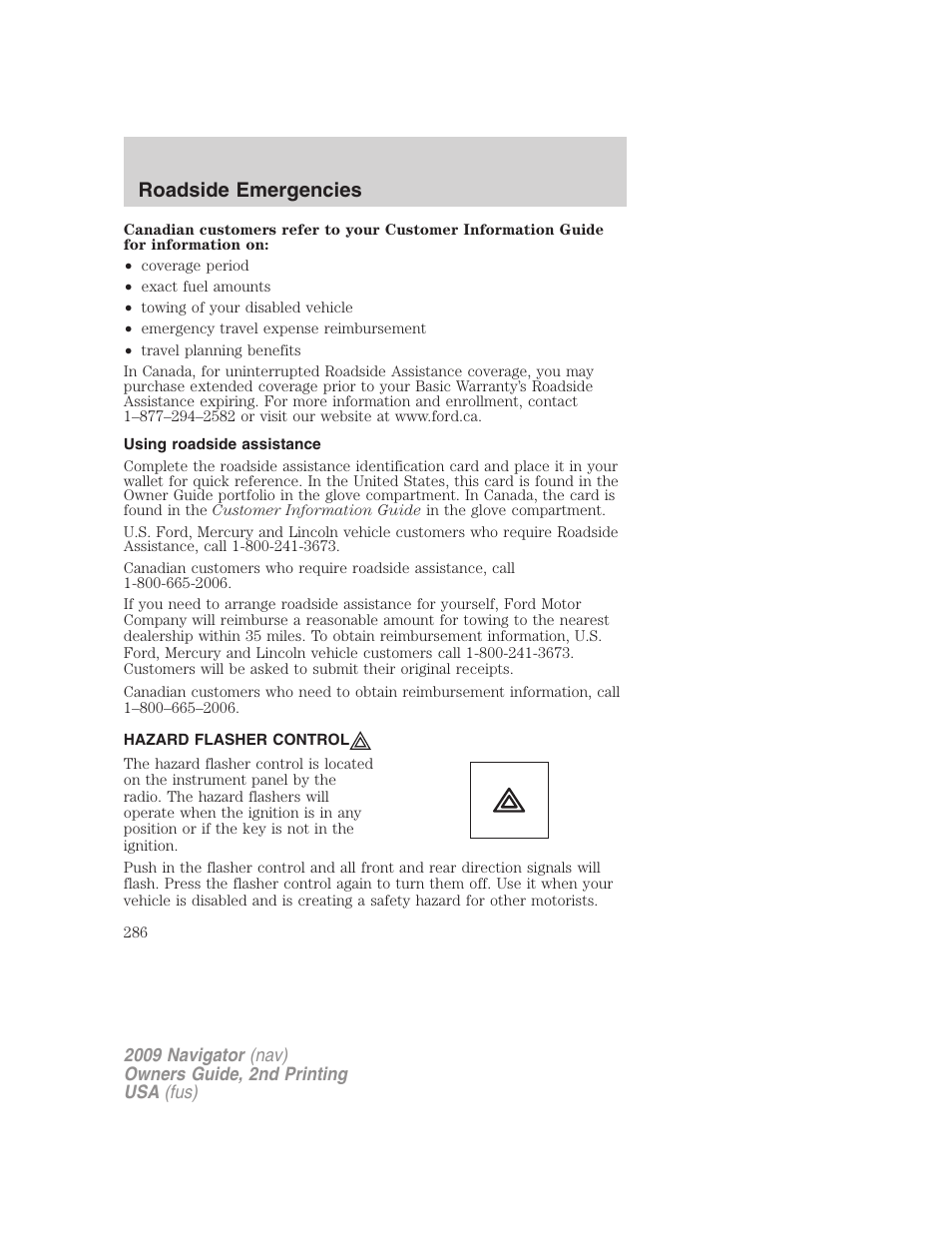 Using roadside assistance, Hazard flasher control, Roadside emergencies | Lincoln 2009 Navigator User Manual | Page 710 / 801