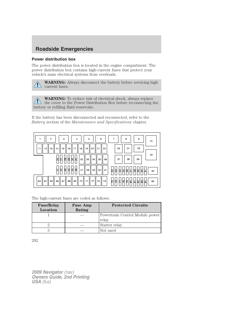 Power distribution box, Roadside emergencies | Lincoln 2009 Navigator User Manual | Page 716 / 801