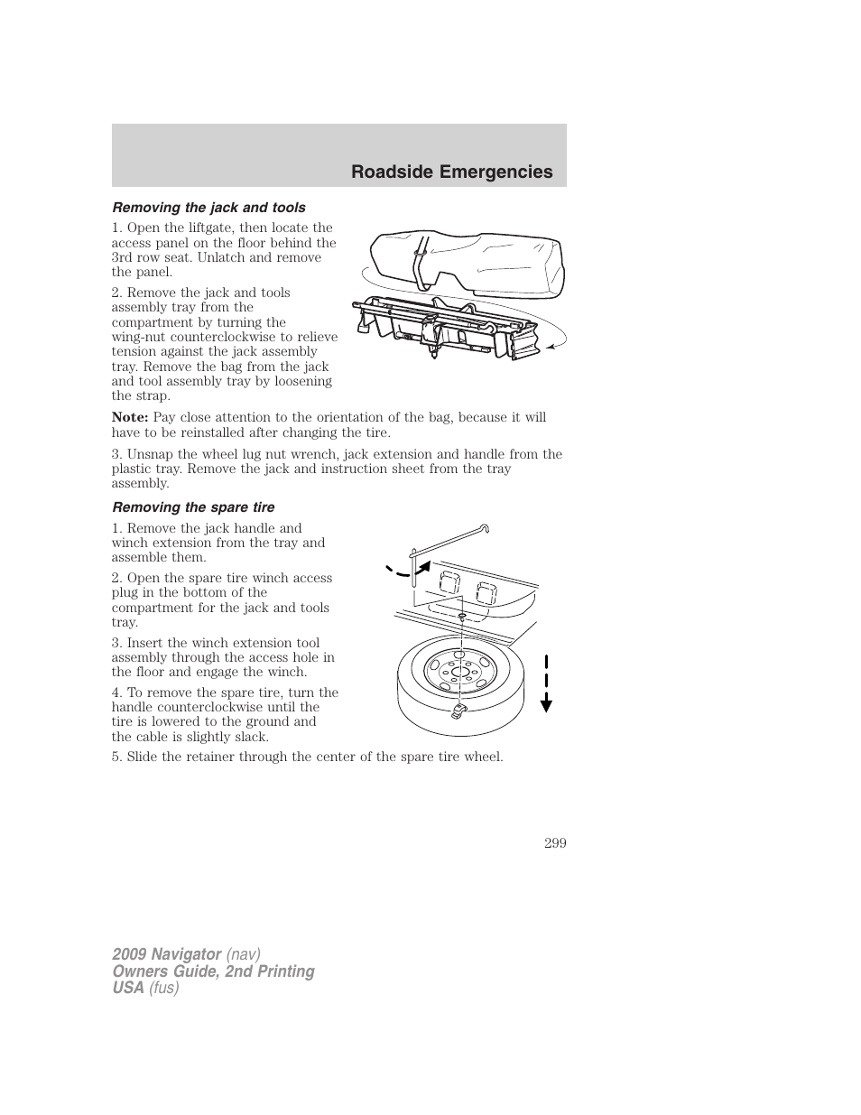 Removing the jack and tools, Removing the spare tire, Roadside emergencies | Lincoln 2009 Navigator User Manual | Page 723 / 801