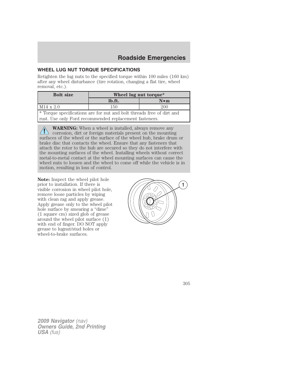 Wheel lug nut torque specifications, Wheel lug nut torque, Roadside emergencies | Lincoln 2009 Navigator User Manual | Page 729 / 801