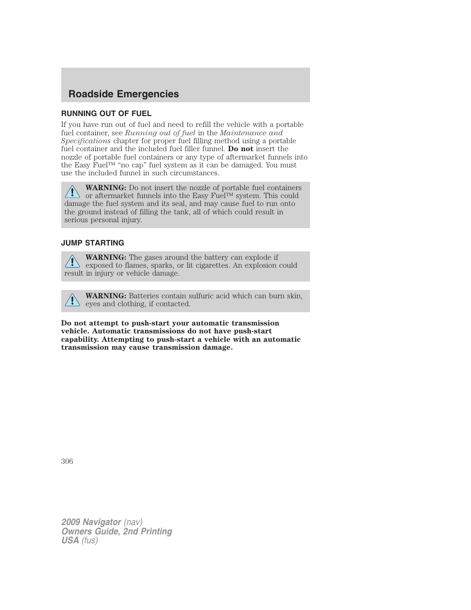 Running out of fuel, Jump starting, Roadside emergencies | Lincoln 2009 Navigator User Manual | Page 730 / 801