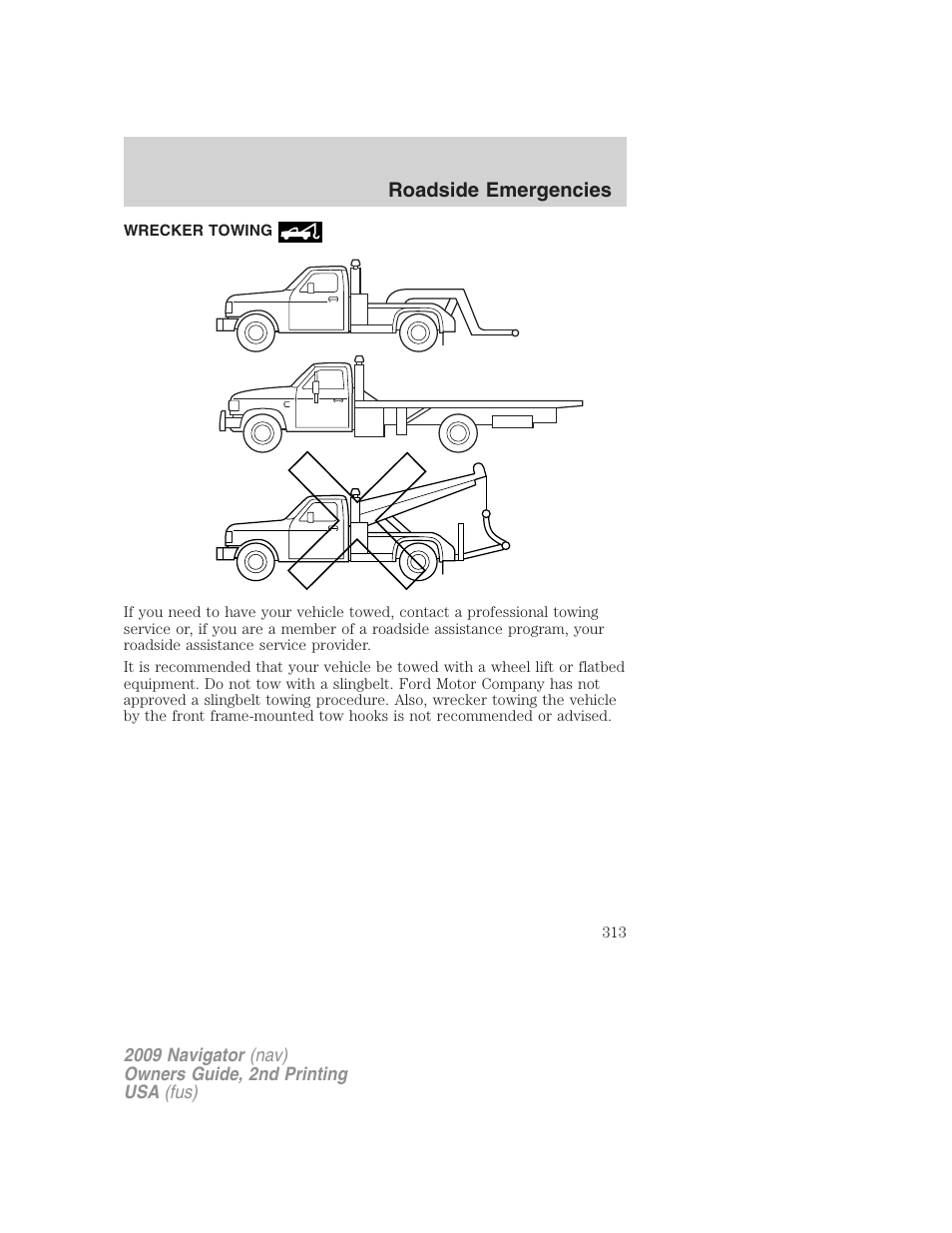 Wrecker towing, Roadside emergencies | Lincoln 2009 Navigator User Manual | Page 737 / 801