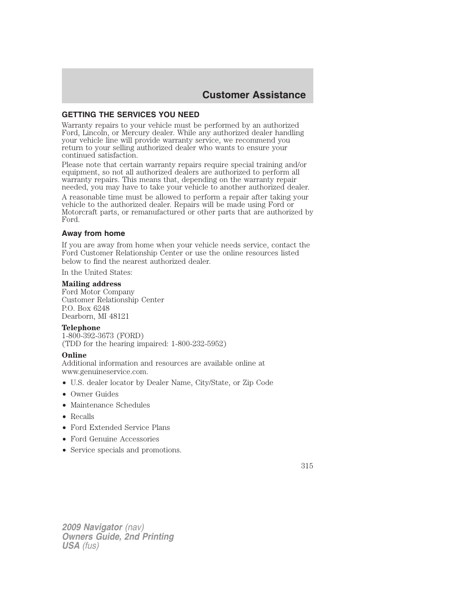 Customer assistance, Getting the services you need, Away from home | Lincoln 2009 Navigator User Manual | Page 739 / 801