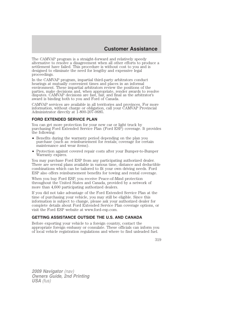 Ford extended service plan, Getting assistance outside the u.s. and canada, Customer assistance | Lincoln 2009 Navigator User Manual | Page 743 / 801