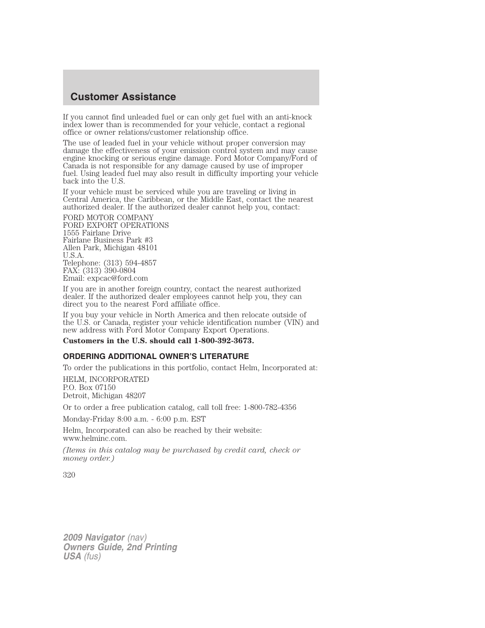 Ordering additional owner’s literature, Customer assistance | Lincoln 2009 Navigator User Manual | Page 744 / 801