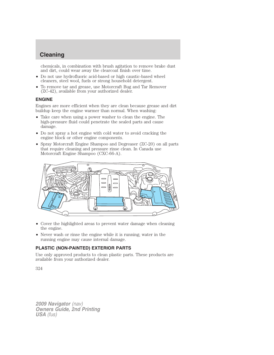 Engine, Plastic (non-painted) exterior parts, Cleaning | Lincoln 2009 Navigator User Manual | Page 748 / 801